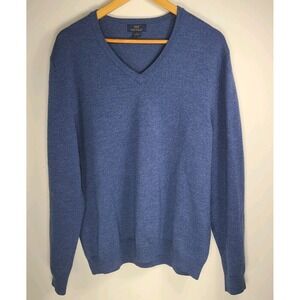 Brooks Brothers Men's Large Sweater V Neck Blue Extra Fine Merino Wool Blend 346